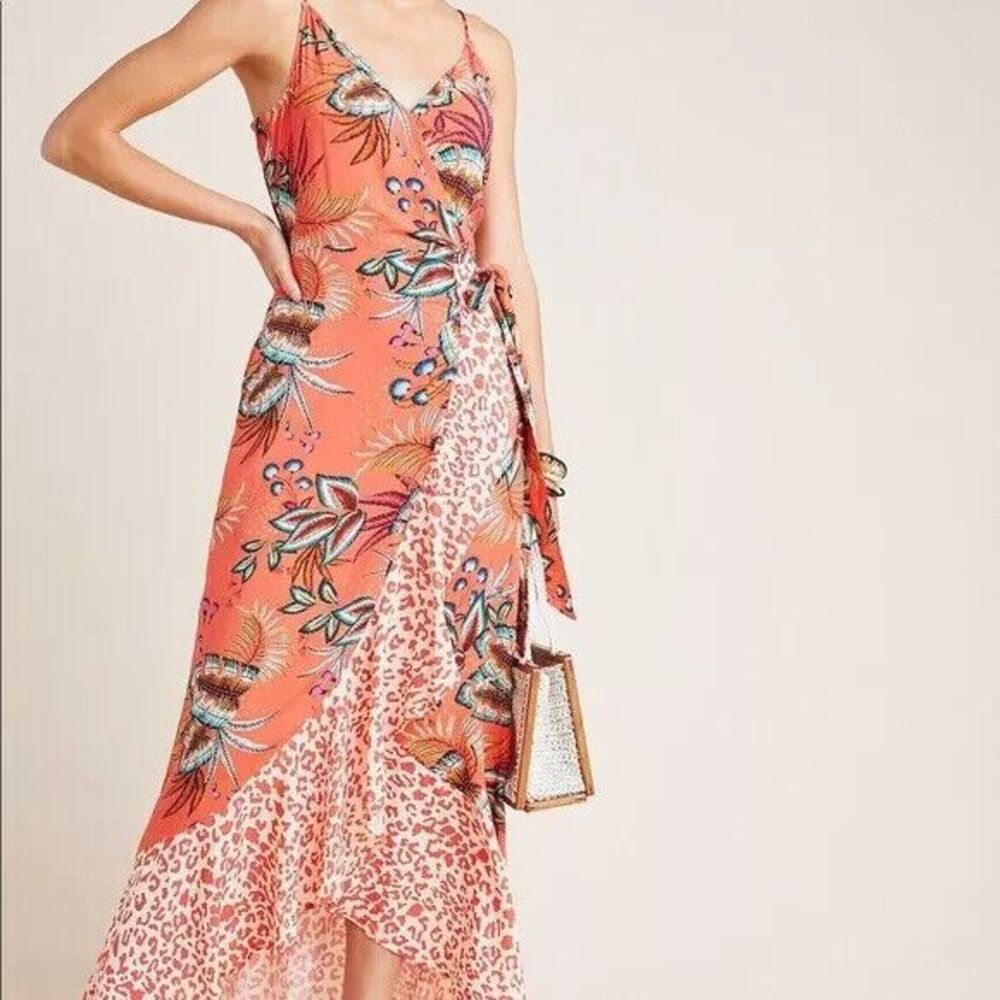 NWT Farm Rio Anthropologie Musette Wrap Maxi Dress Floral Orange Sz Large Petite
